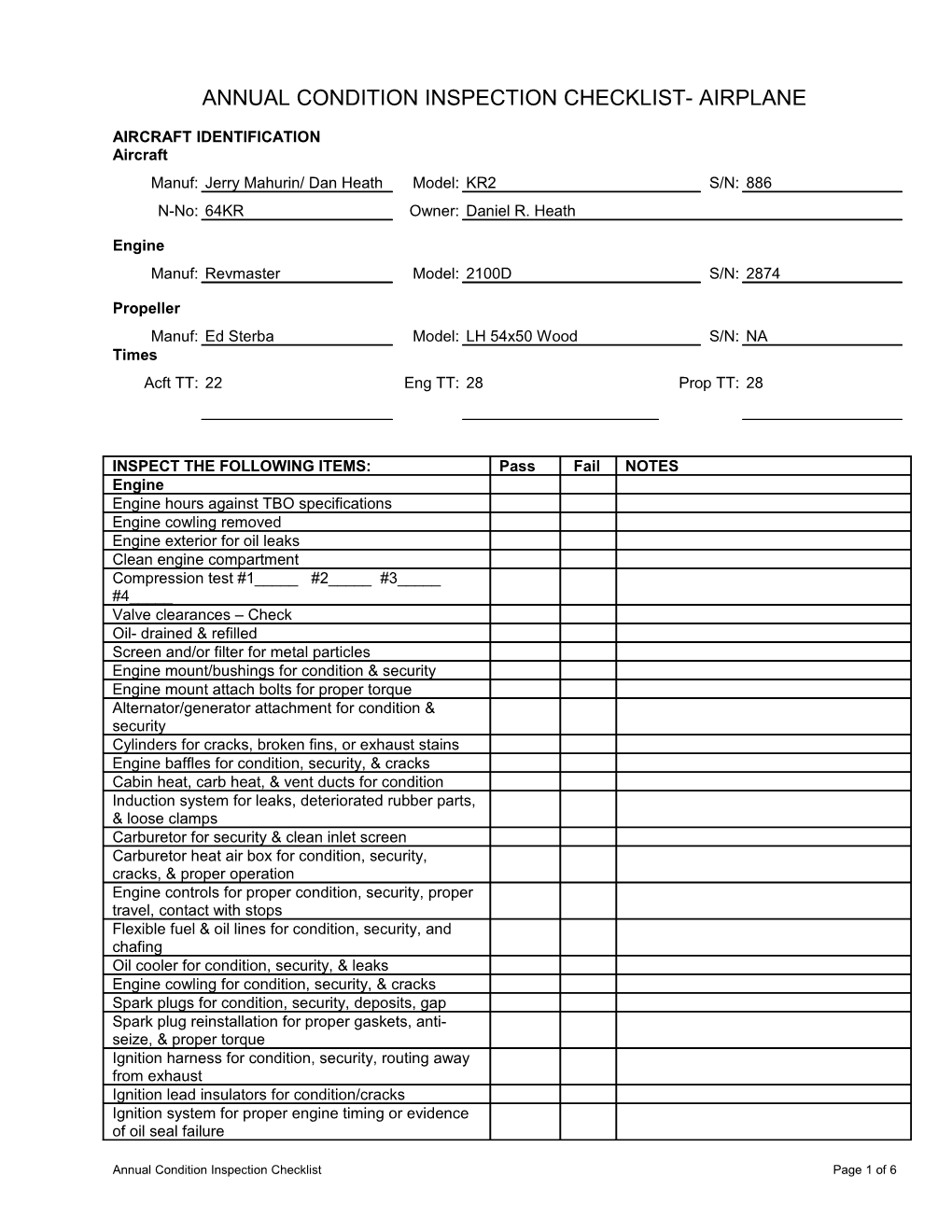 Annual Condition Inspection Checklist- Airplane