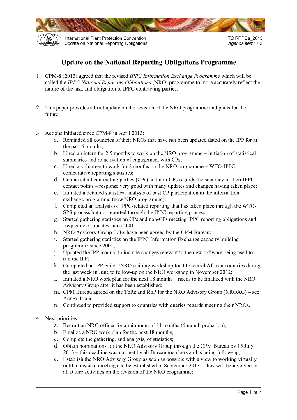 Update on the National Reporting Obligations Programme