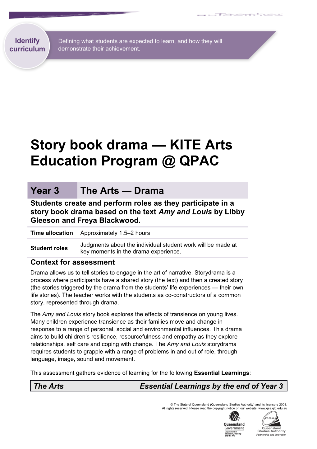 Year 3 the Arts - Drama Assessment Teacher Guidelines Story Book Drama Queensland Essential