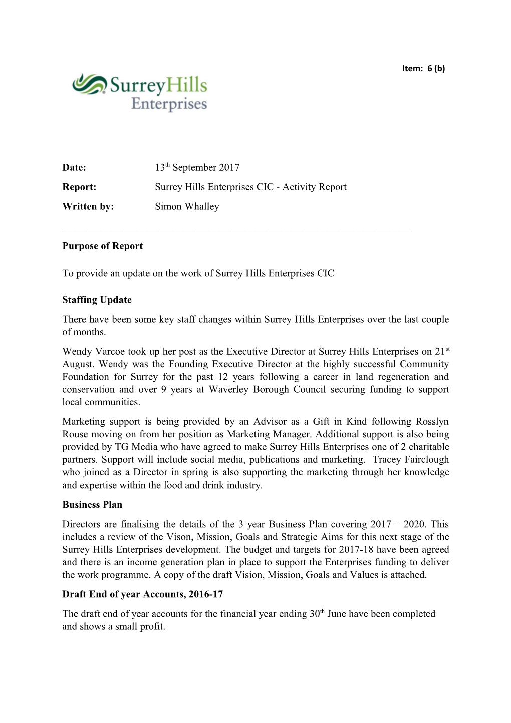 Report:Surrey Hills Enterprises CIC - Activity Report