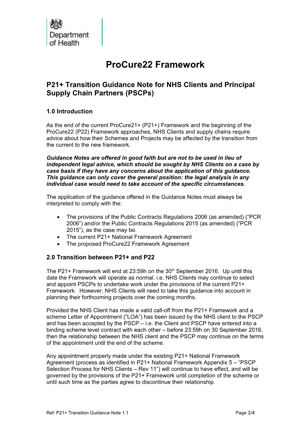 P21+ Transition Guidance Note for NHS Clients and Principal Supply Chain Partners (Pscps)
