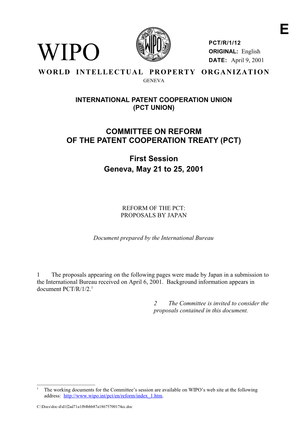 PCT/R/1/12: Reform of the PCT: Proposals by Japan