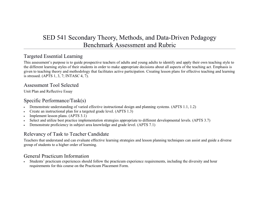 SED 541 Secondary Theory, Methods, and Data-Driven Pedagogy Benchmark Assessment and Rubric
