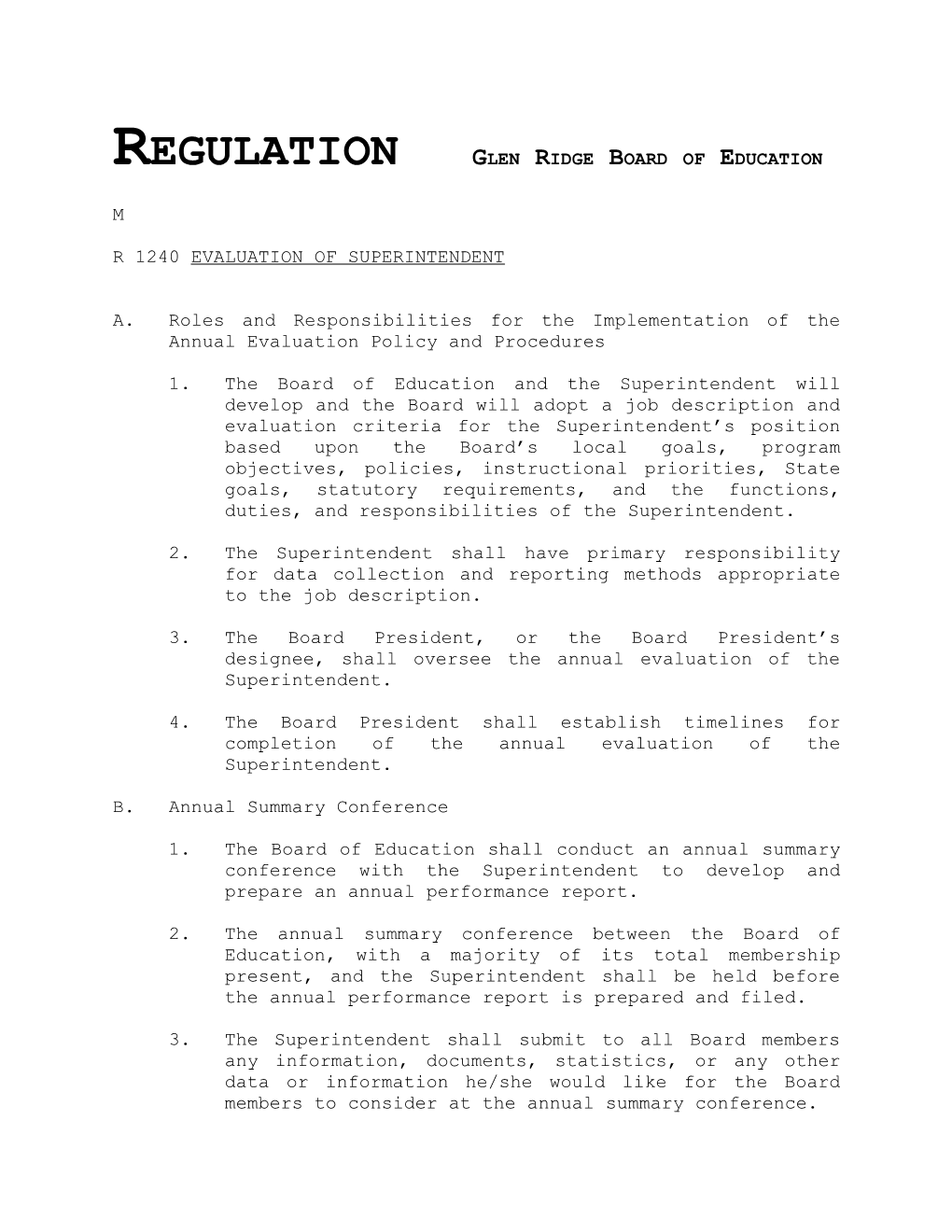 Regulation R1240 - Evaluation of Superintendent