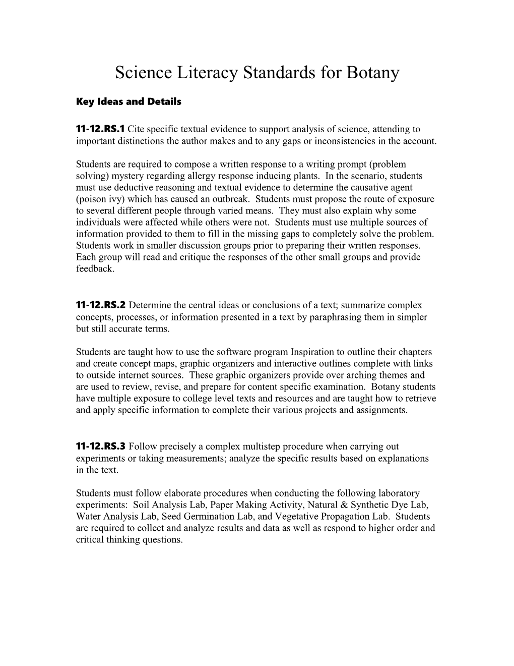 Science Literacy Standards for Botany