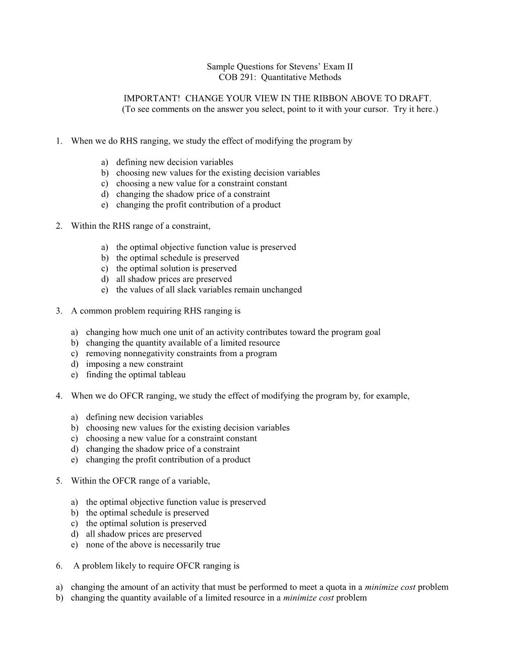 Sample Questions for Stevens Exam II