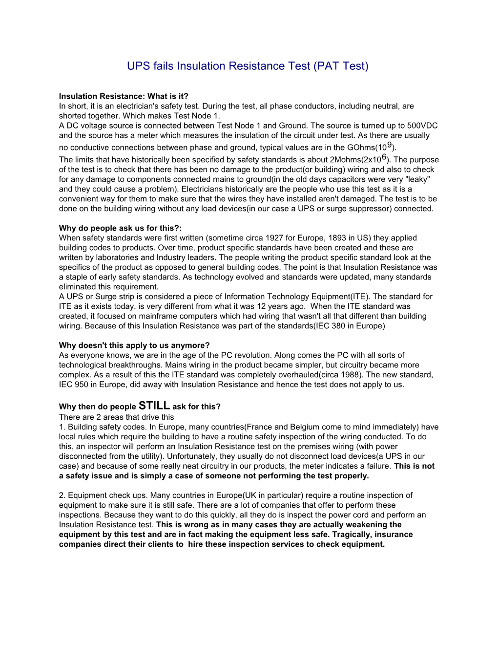 UPS Fails Insulation Resistance Test (PAT Test)