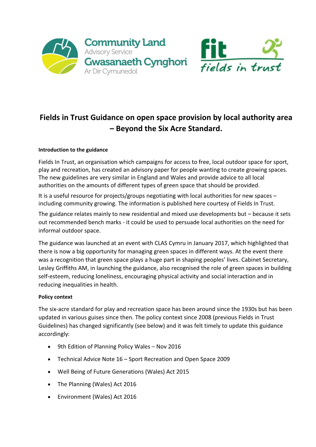 Fields in Trust Guidance on Open Space Provision by Local Authority Area Beyond the Six