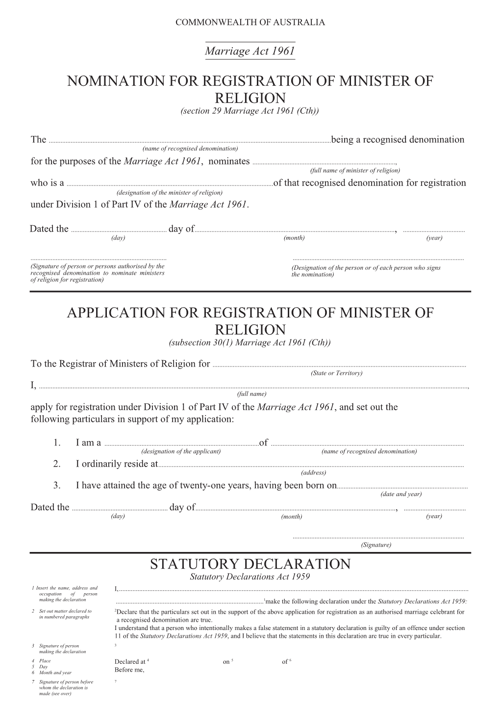Nomination and Application for Registration of Minister of Religion
