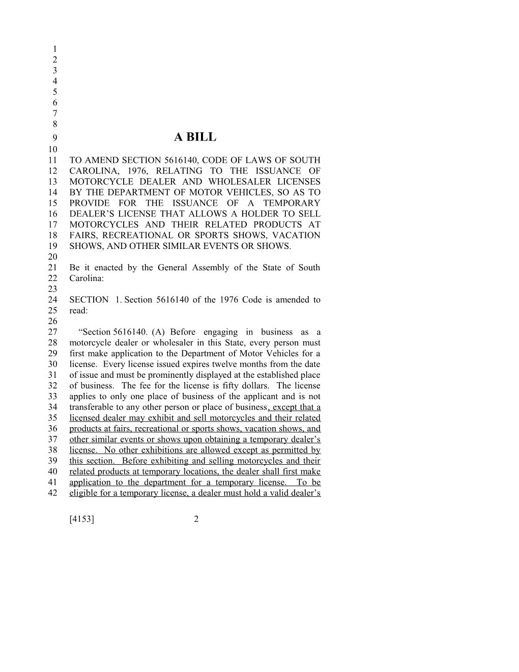 2011-2012 Bill 4153: Motorcycle Dealers - South Carolina Legislature Online