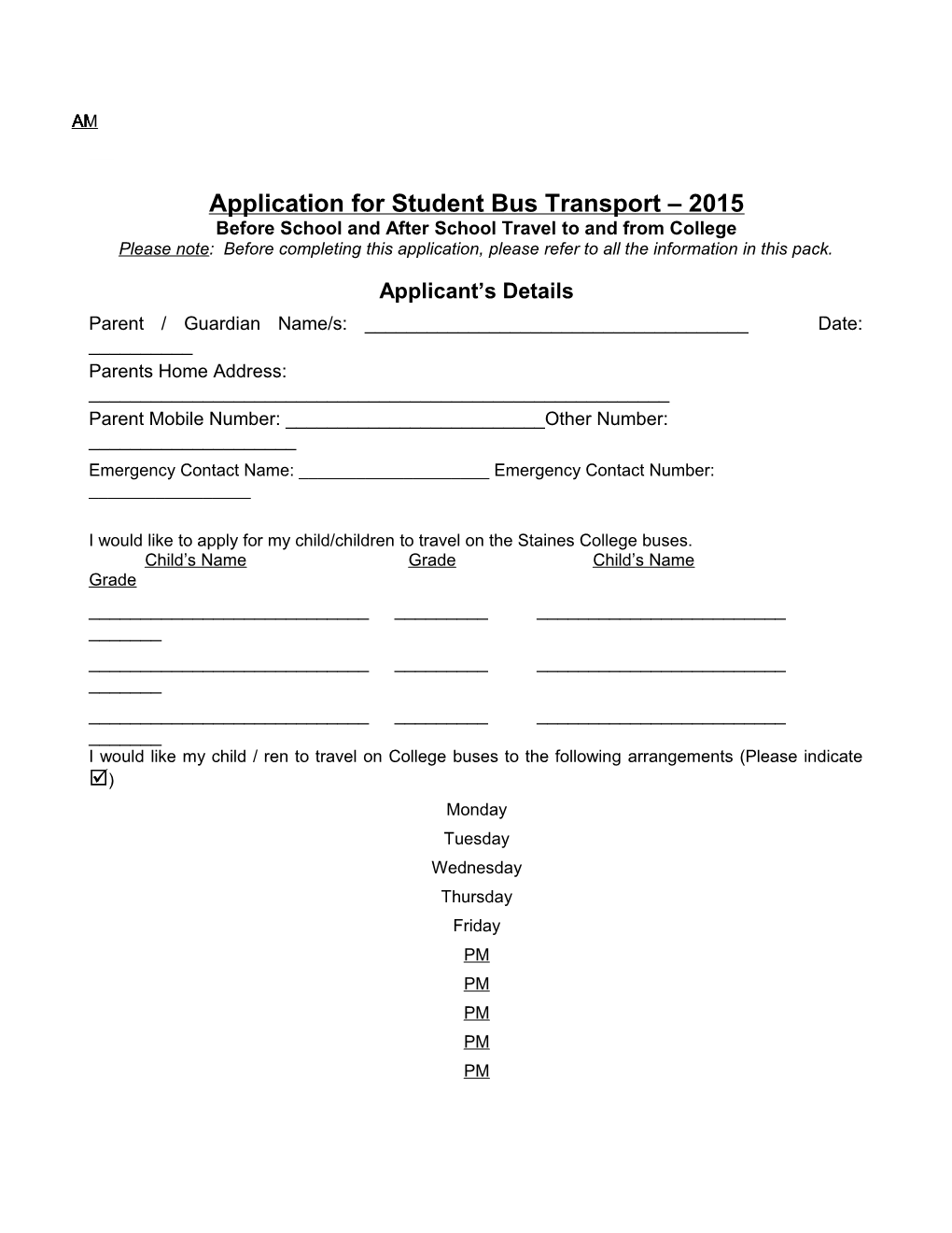 Application for Student Bus Transport 2015