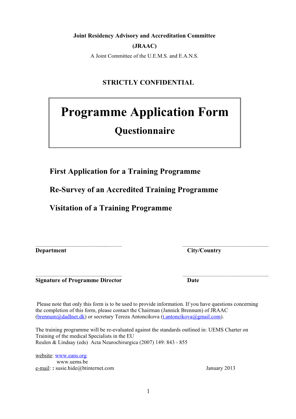 First Application for a Training Programme