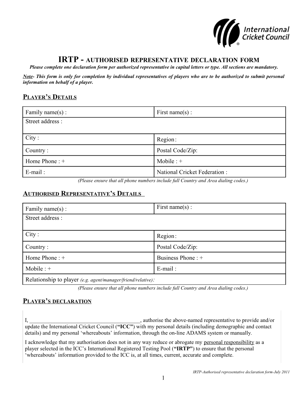 Cricketer Information for the Anti-Doping Administration and Management System (Adams)