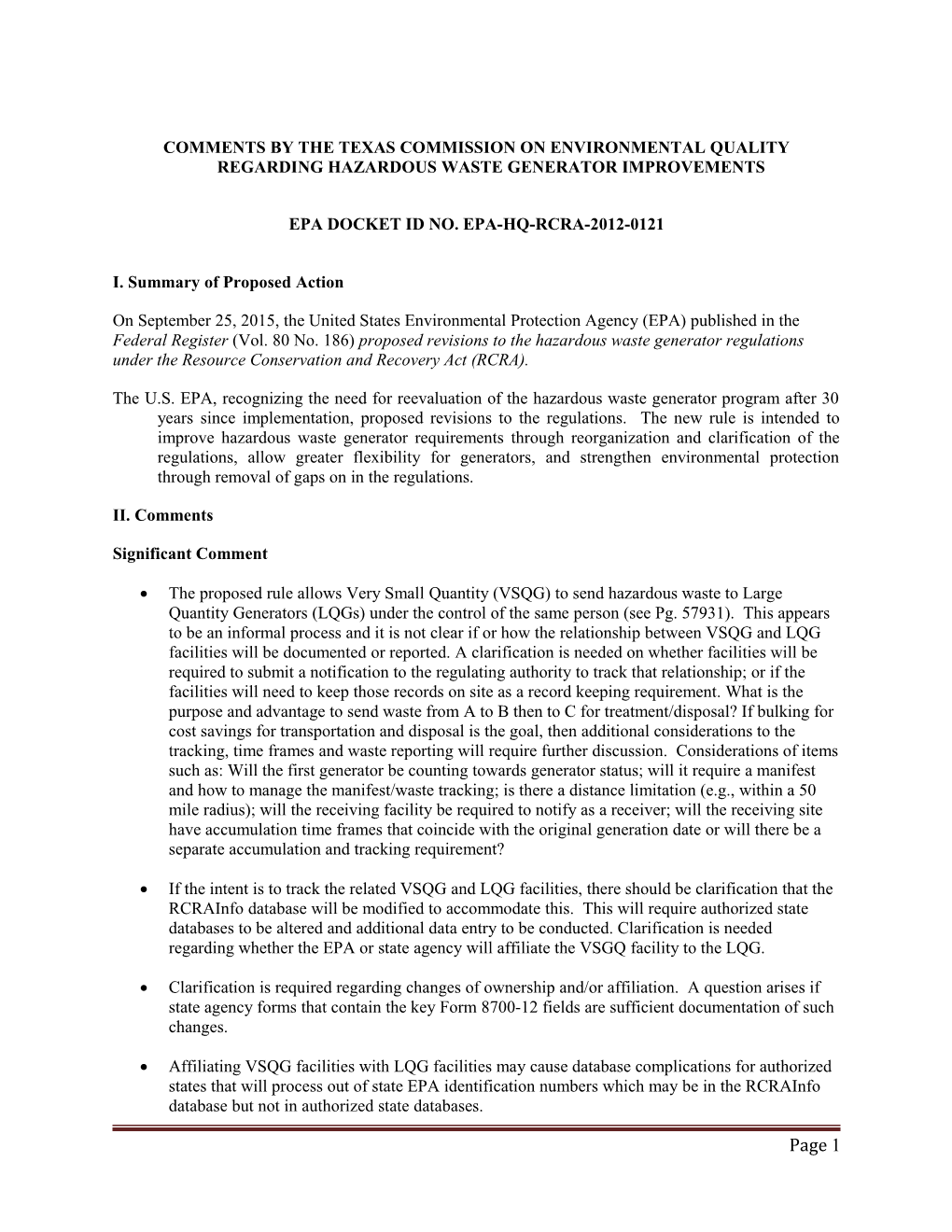 Comments by the Texas Commission on Environmental Quality Regarding HAZARDOUS WASTE GENERATOR