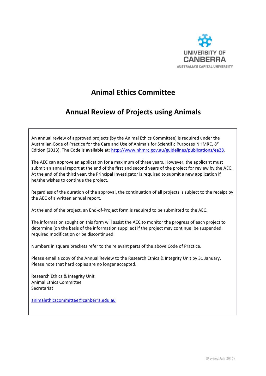 Annual Review of Projects Using Animals