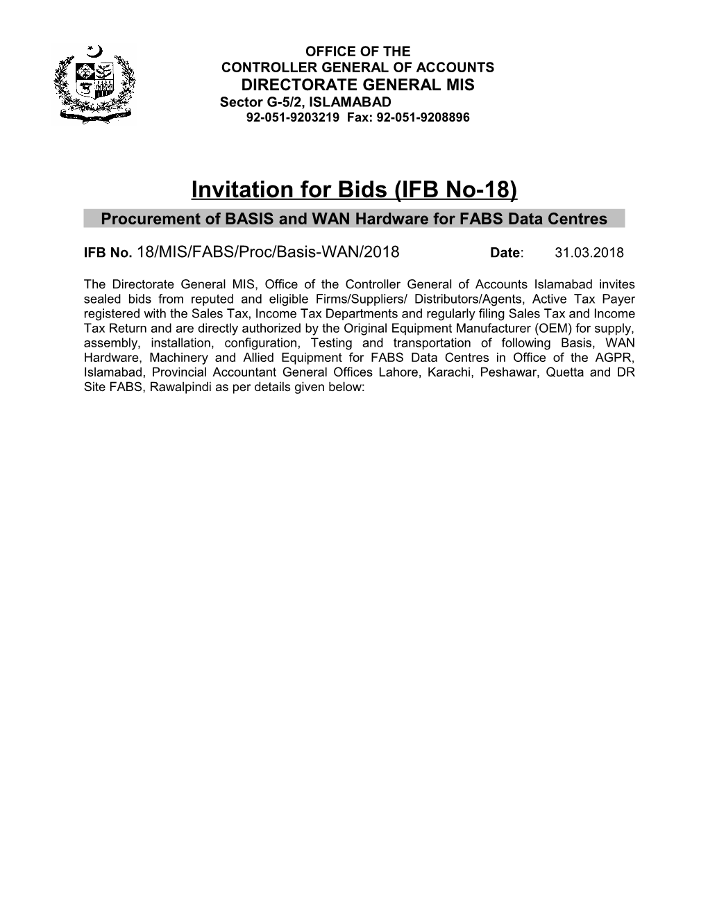 Invitation for Bids (IFB No-18)