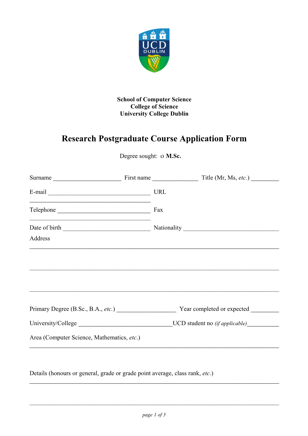 UCD CS Postgraduate Application