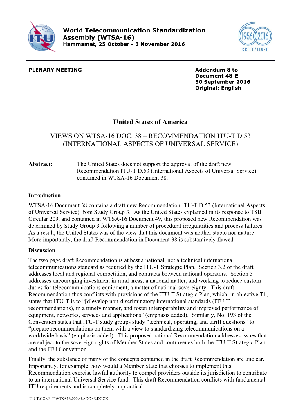 WTSA-16 Document 38 Contains a Draft New Recommendation ITU-T D.53 (International Aspects