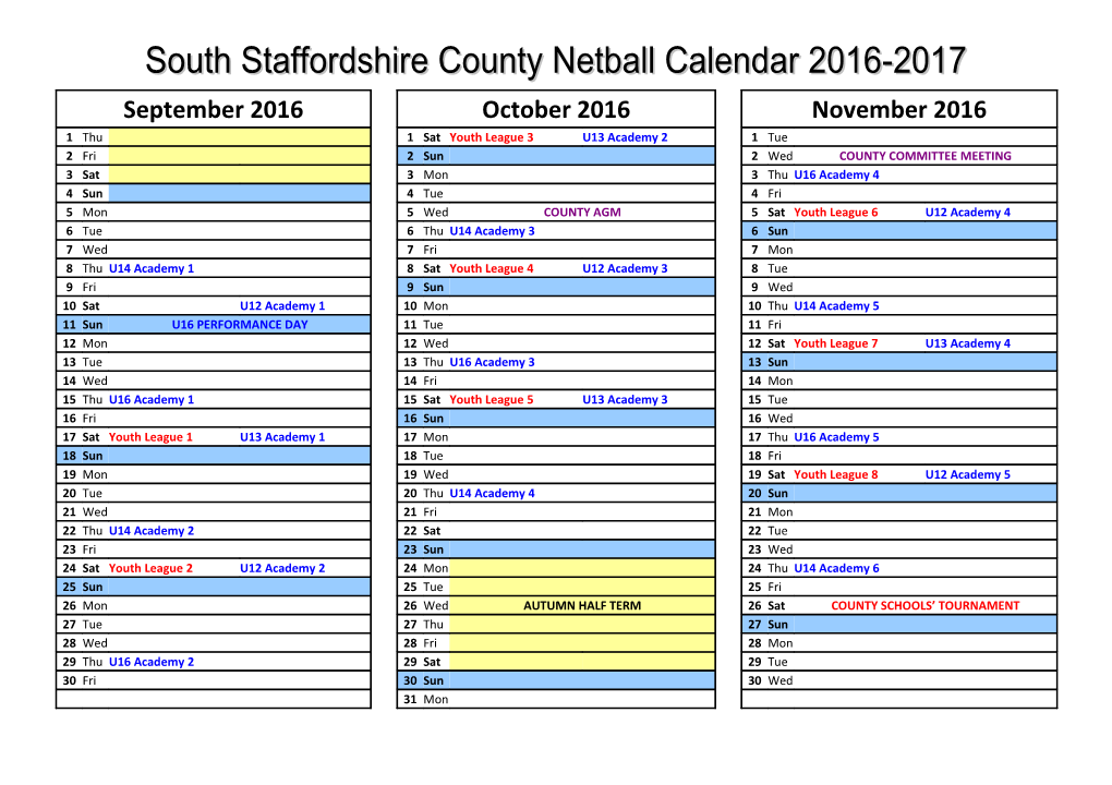 Southstaffordshirecounty Netball Calendar 2016-2017