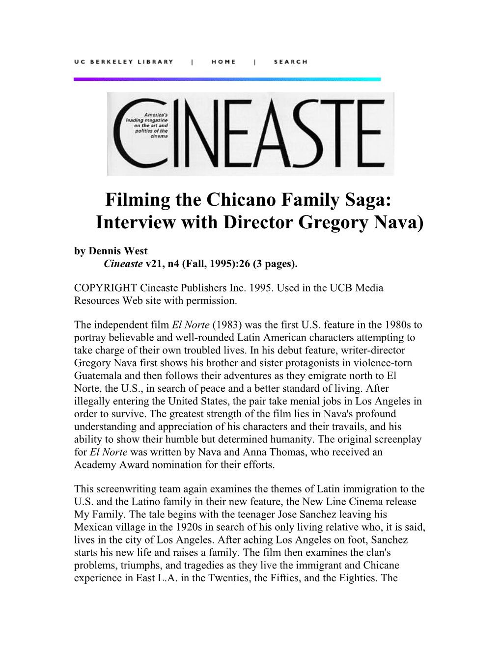 Filming the Chicano Family Saga: Interview with Director Gregory Nava)