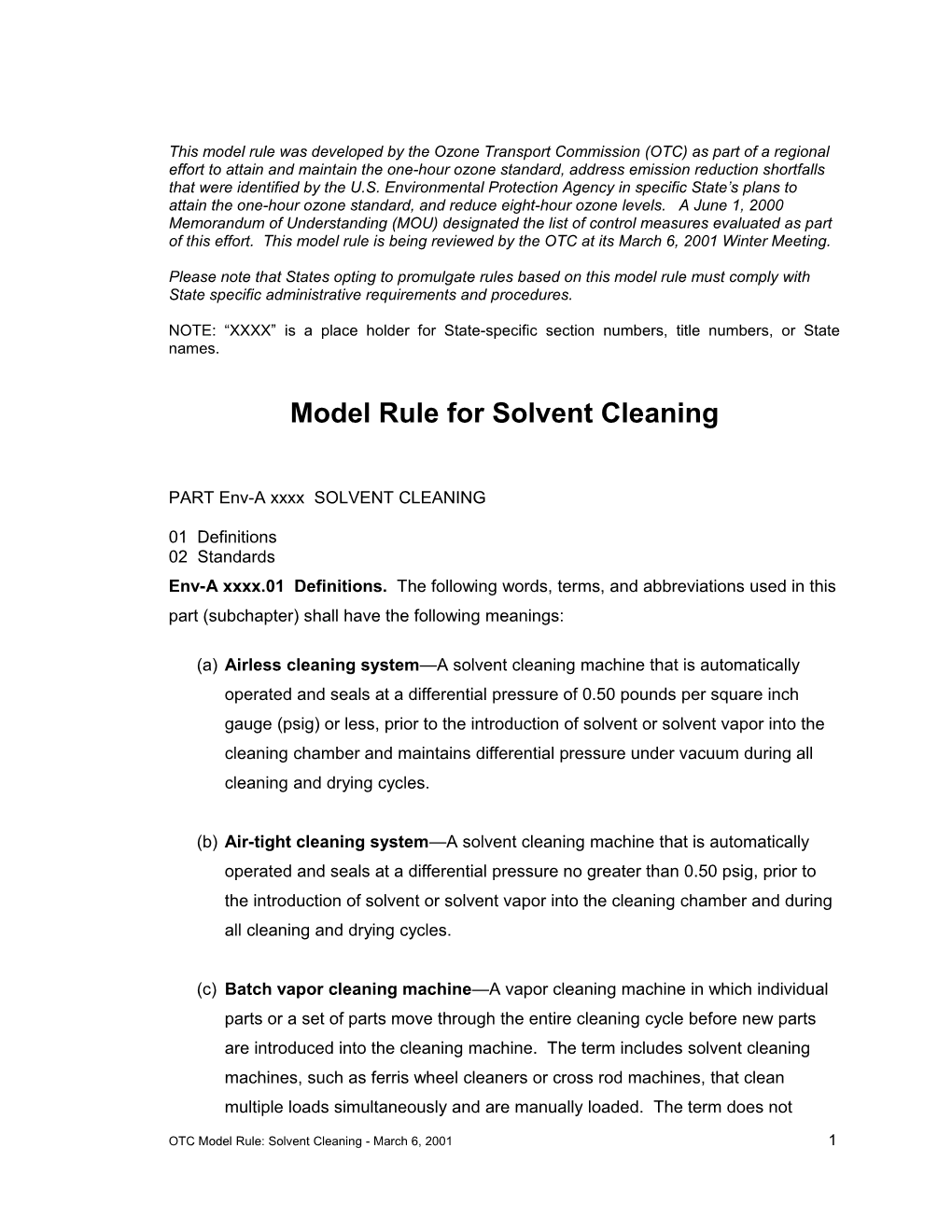 Model Rule for Solvent Cleaning