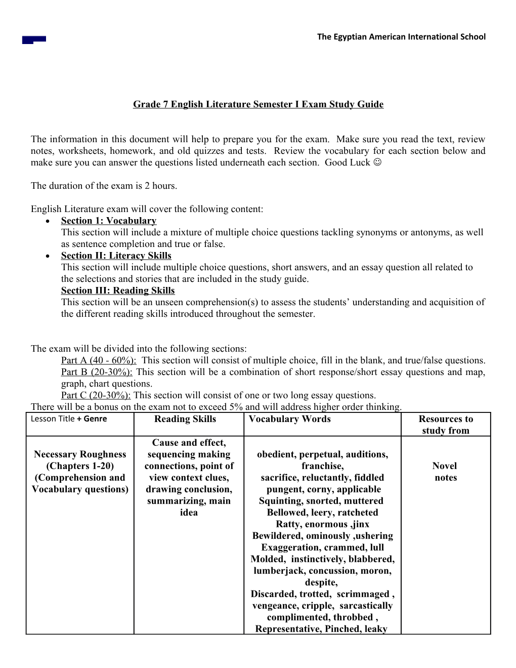 Grade 7 English Literature Semester Iexam Study Guide