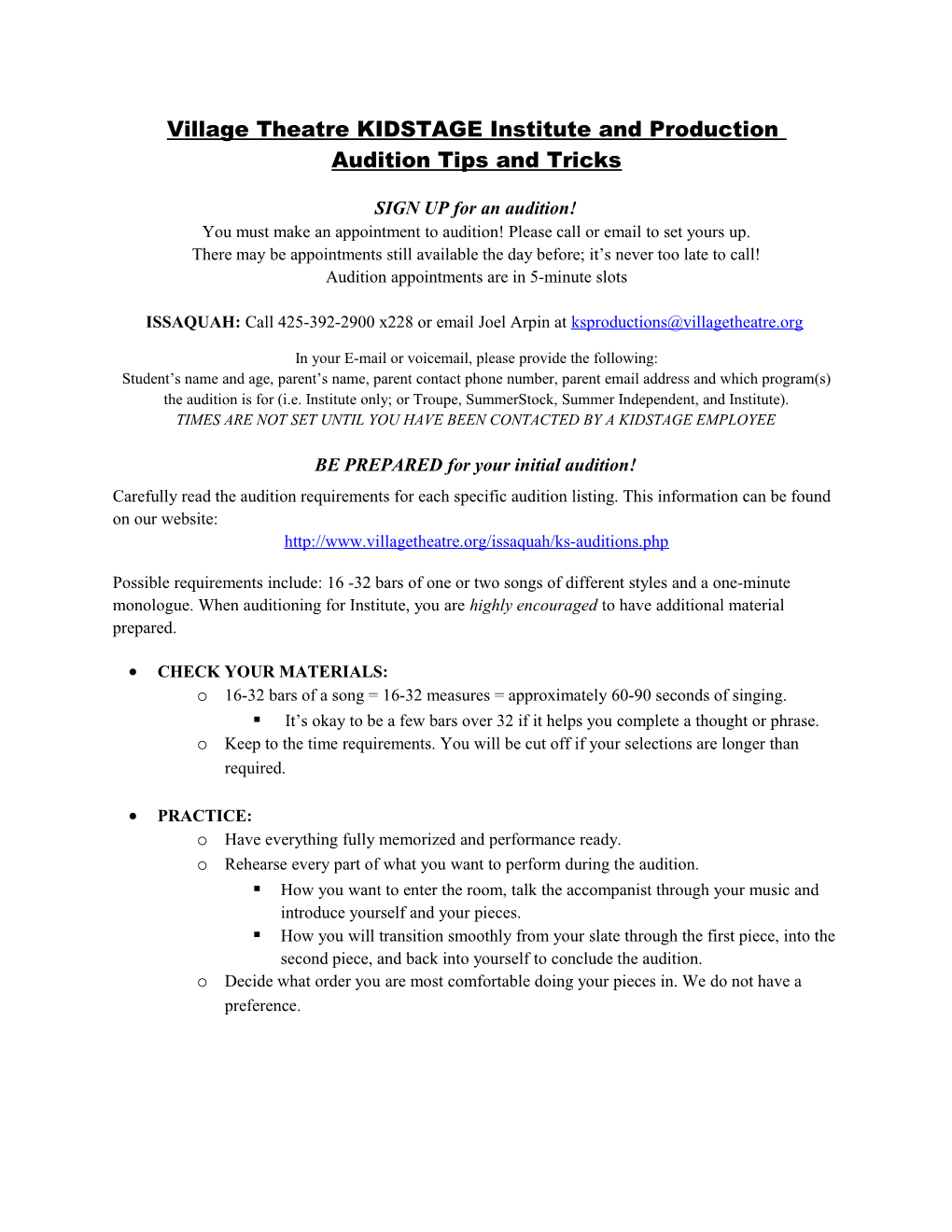 Village Theatre Institute and KIDSTAGE Summer Audition Information and Tips