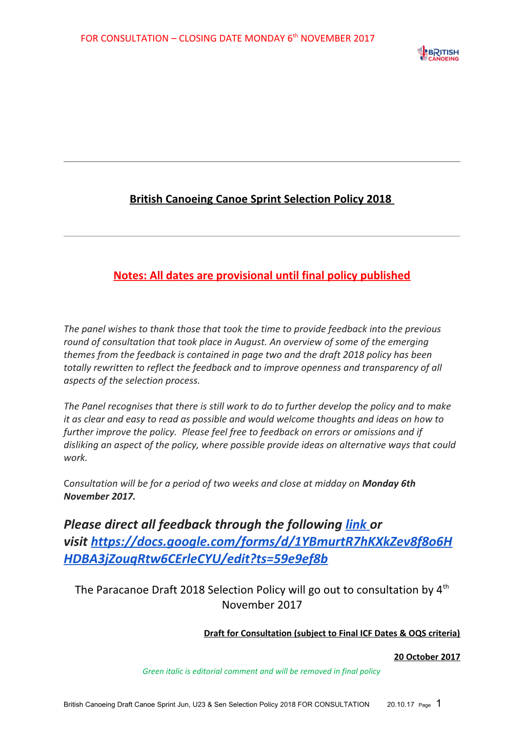 British Canoeing Canoe Sprint Selection Policy 2018