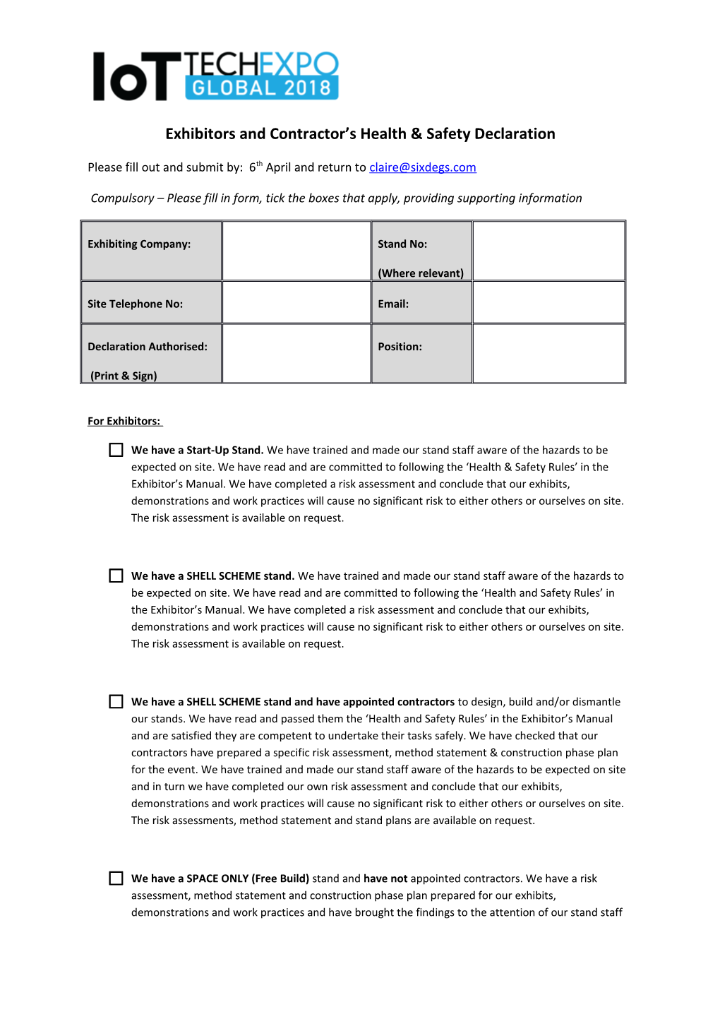 Exhibitors and Contractor S Health & Safety Declaration