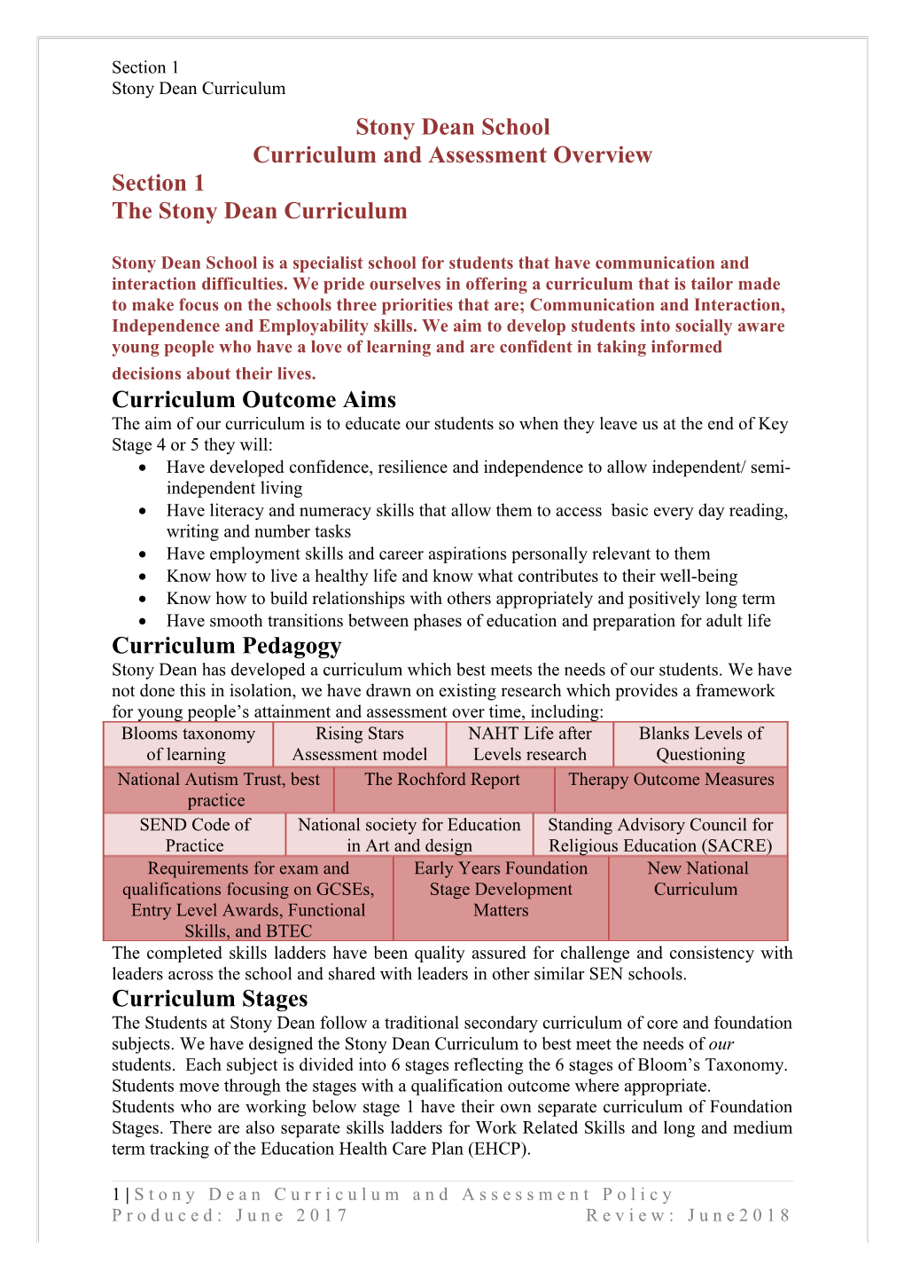 Stony Dean School Curriculum and Assessment Overview