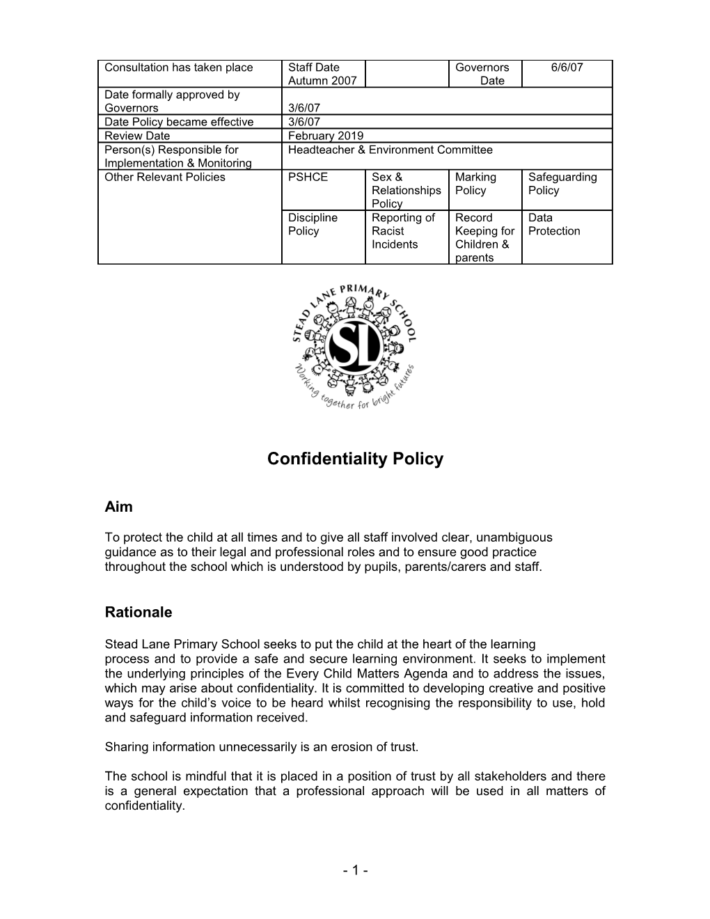 Primary School Confidentiality Policy