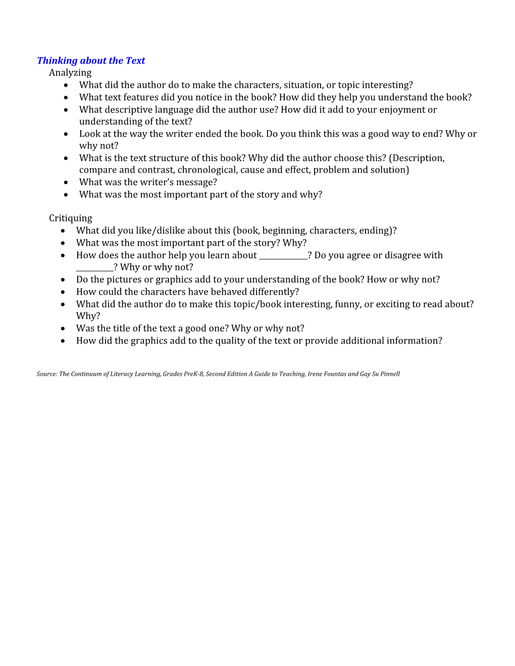 Comprehension Questions for Fourth Grade