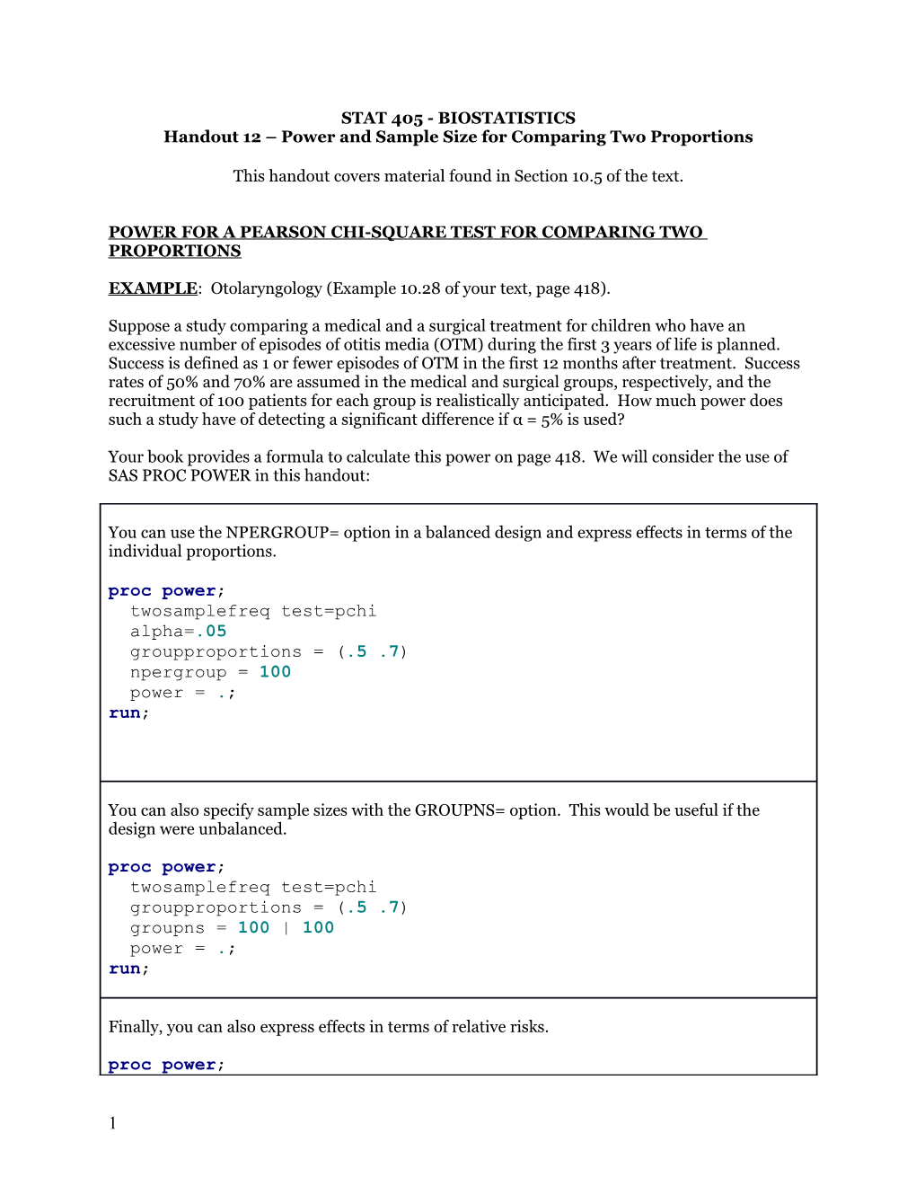 Handout 12 Power and Sample Size for Comparing Two Proportions