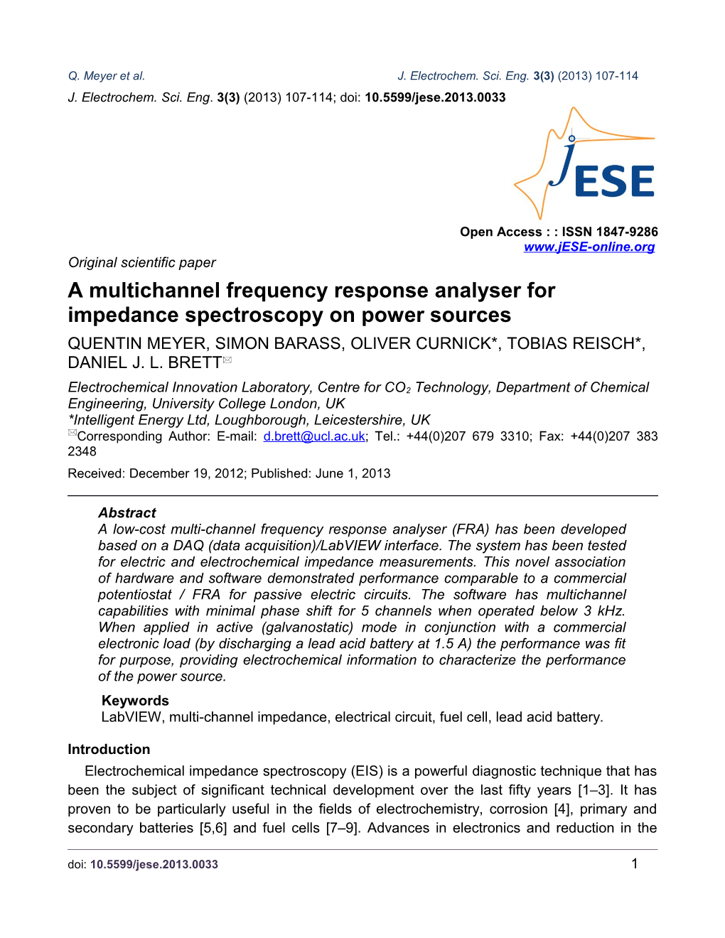 A Multichannel Frequency Response Analyser for Impedance Spectroscopy on Power Sources