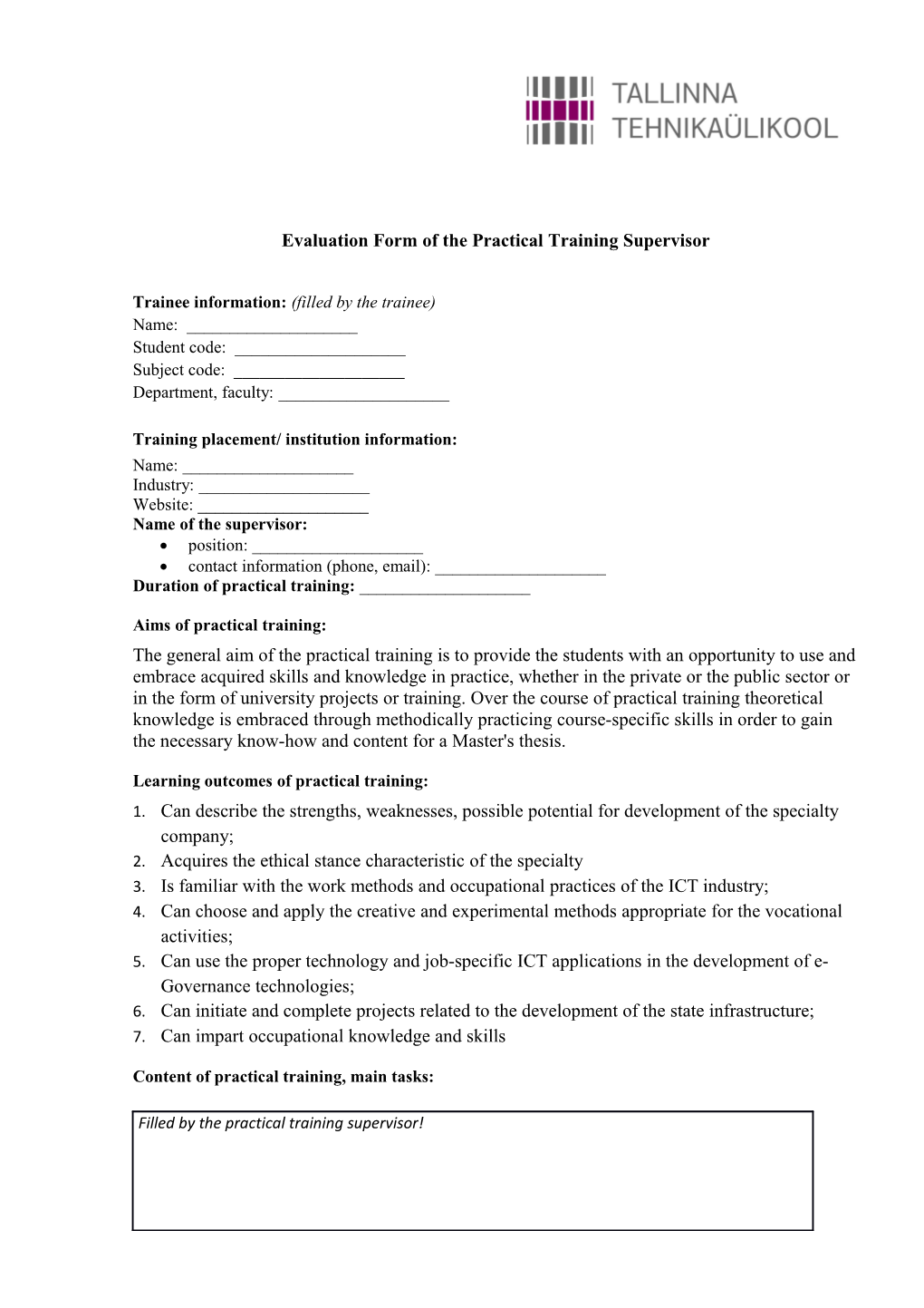 Evaluation Form of the Practical Training Supervisor