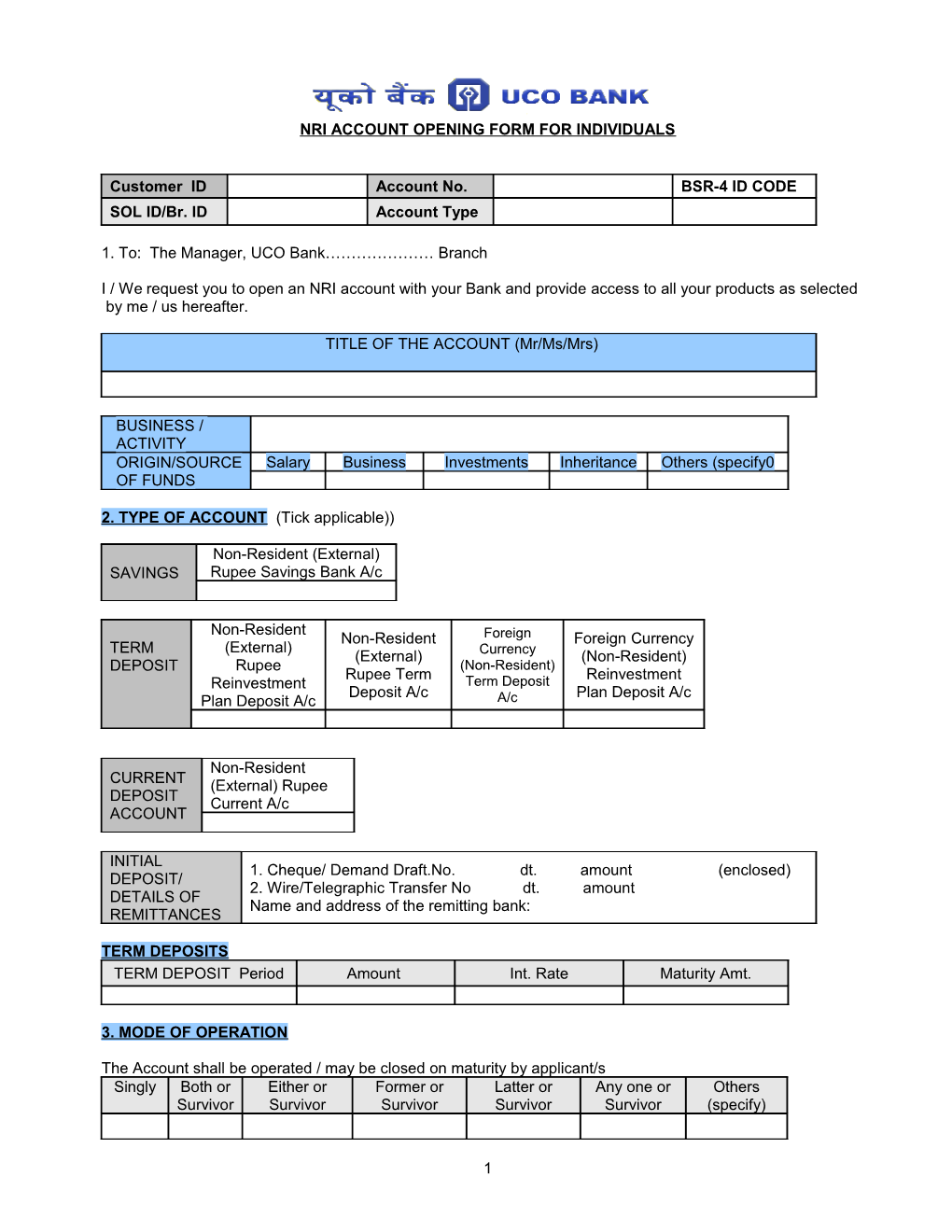 Nri Account Opening Form for Individuals