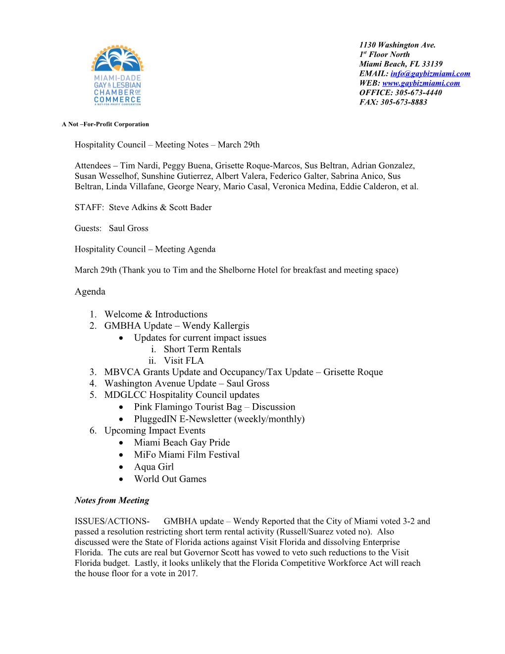 Hospitality Council Meeting Notes March 29Th