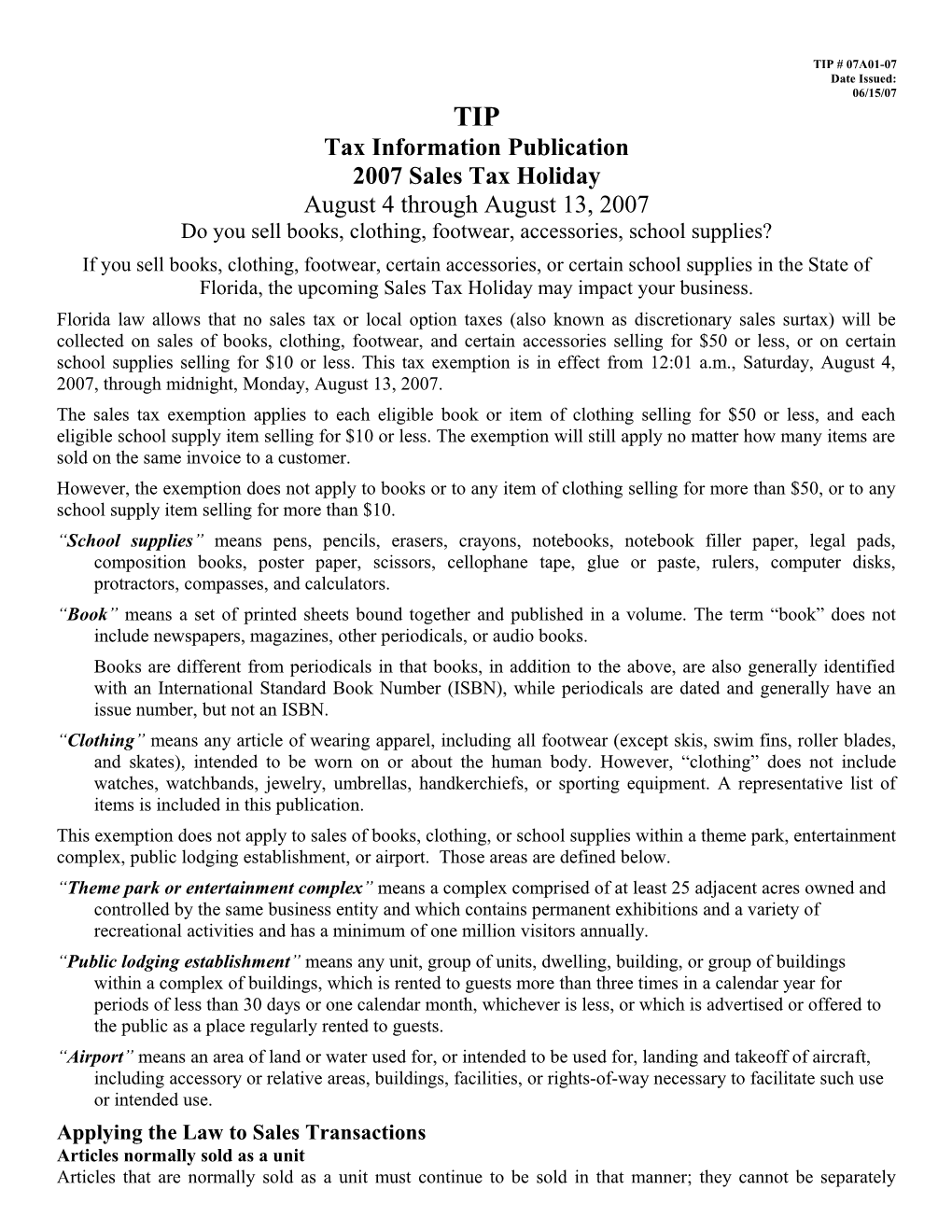 2007 Sales Tax Holiday (Aug 4 - Aug 13, 2007)