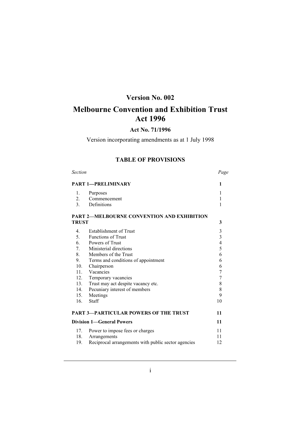 Melbourne Convention and Exhibition Trust Act 1996