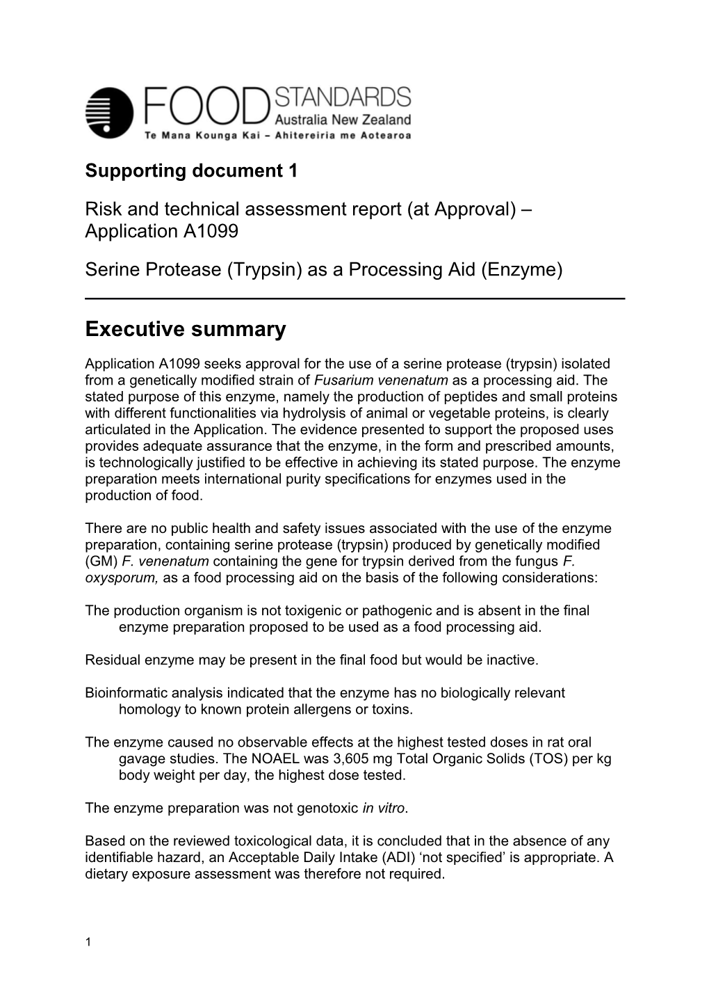 Risk and Technical Assessment Report (At Approval) Application A1099