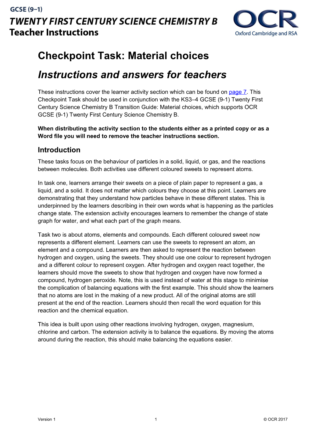 OCR GCSE (9-1) Twenty First Century Science Chemistry B Checkpoint Task - C5 Chemical Analysis