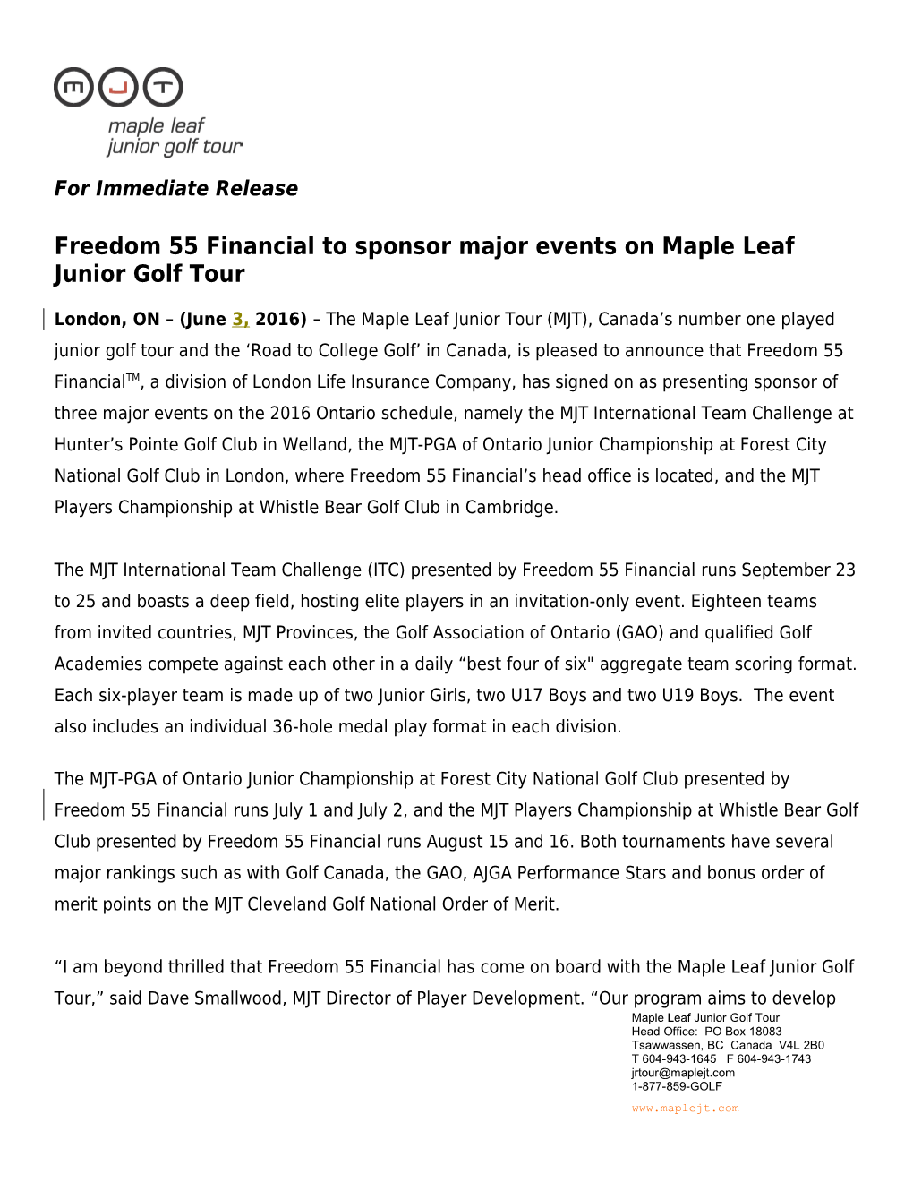 Freedom 55 Financial to Sponsor Major Events on Maple Leaf Junior Golf Tour