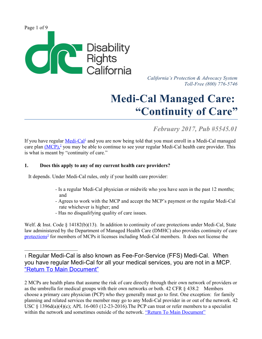 Medi-Cal Managed Care: Continuity of Care