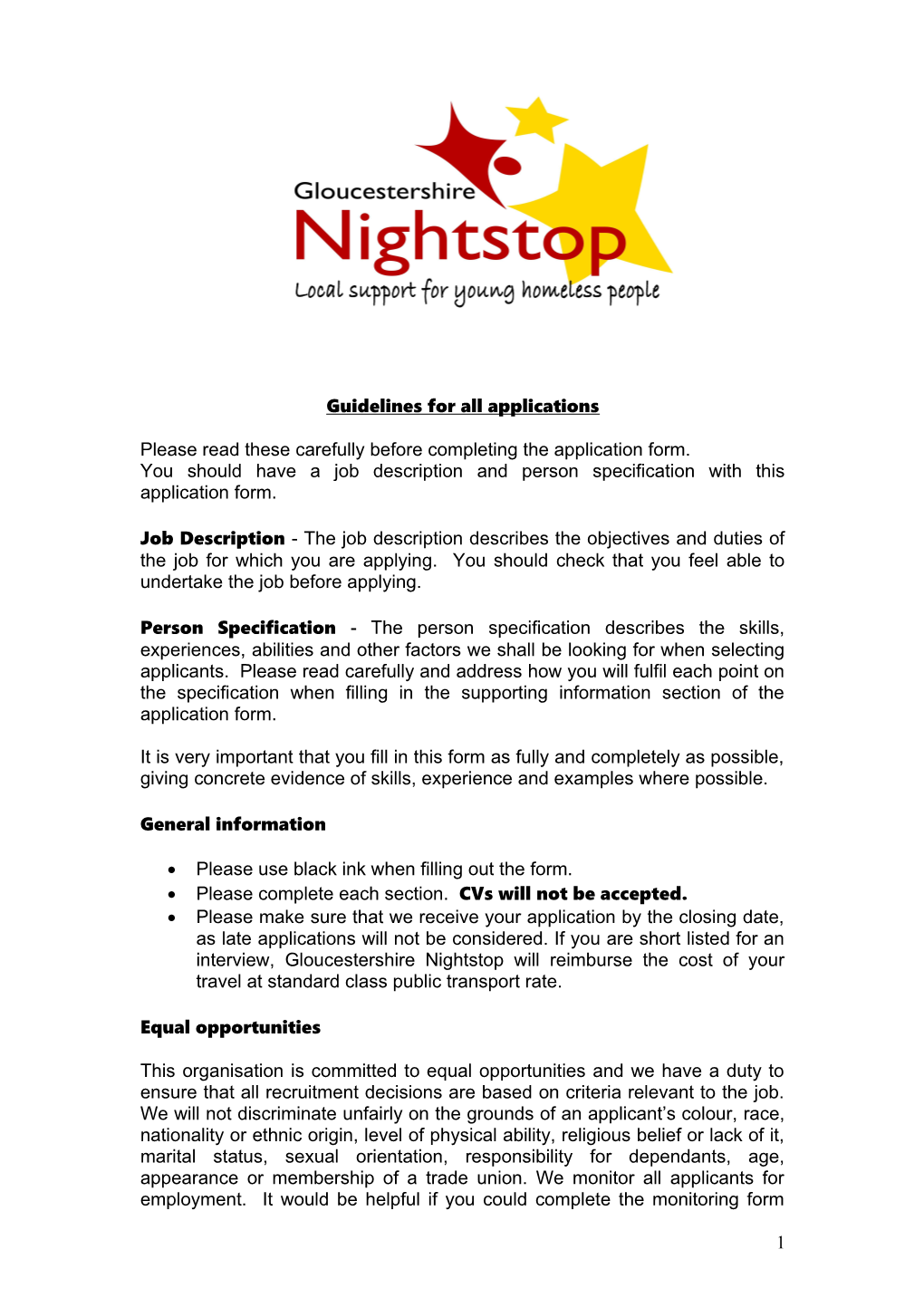 Gloucestershire Nightstop Application Form