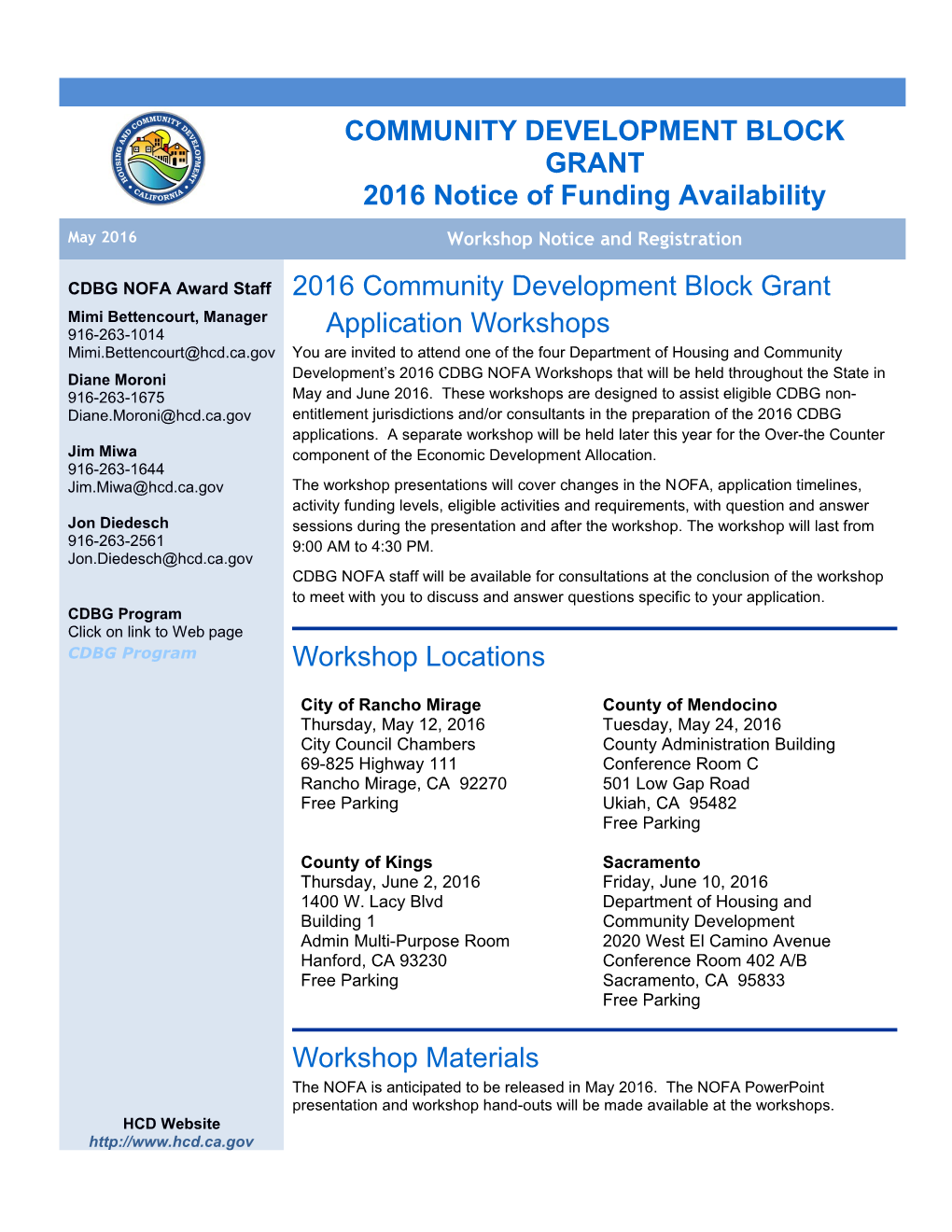 2016 Community Development Block Grant Application Workshops