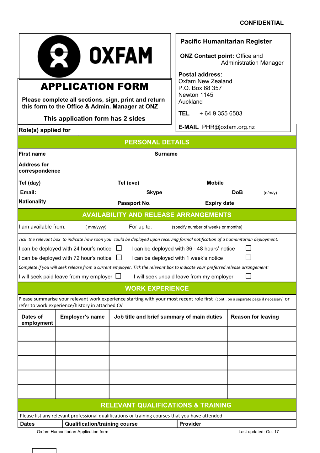 Oxfam Humanitarianapplication Form Last Updated: Oct-17
