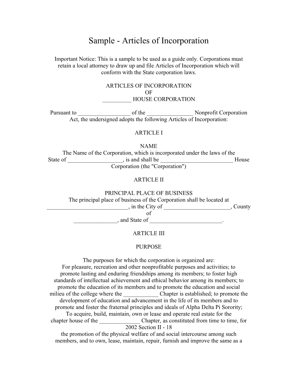 Sample - Articles of Incorporation