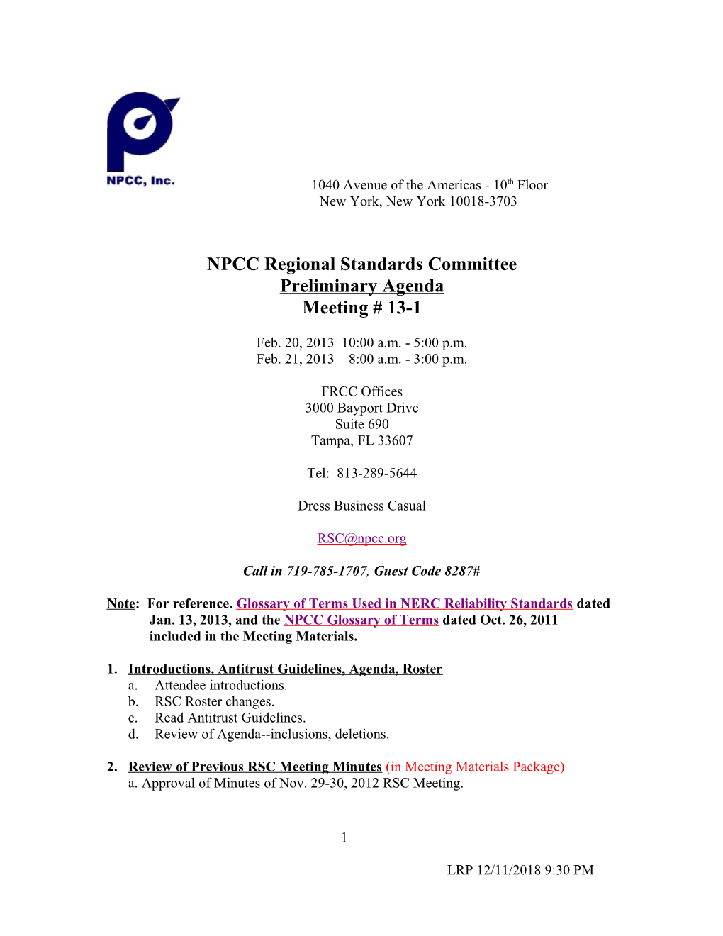 RSC 2-20-13 Meeting Preliminary Agenda 2-14-13