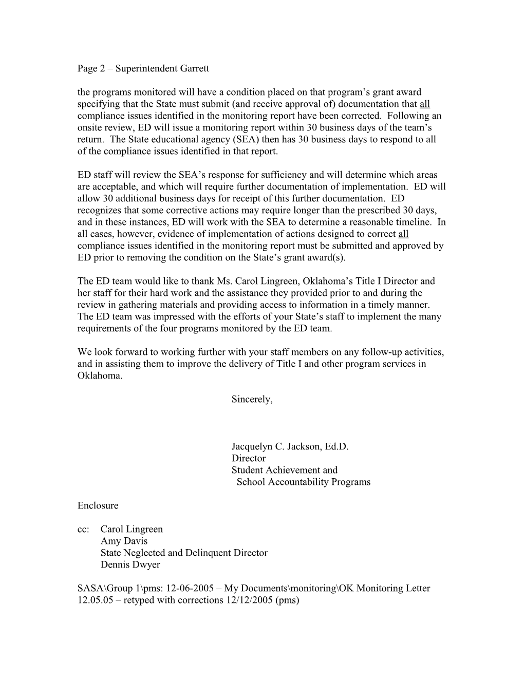 Letter Re USDE Monitoring Visit to Oklahoma During October 2005 (MS WORD)
