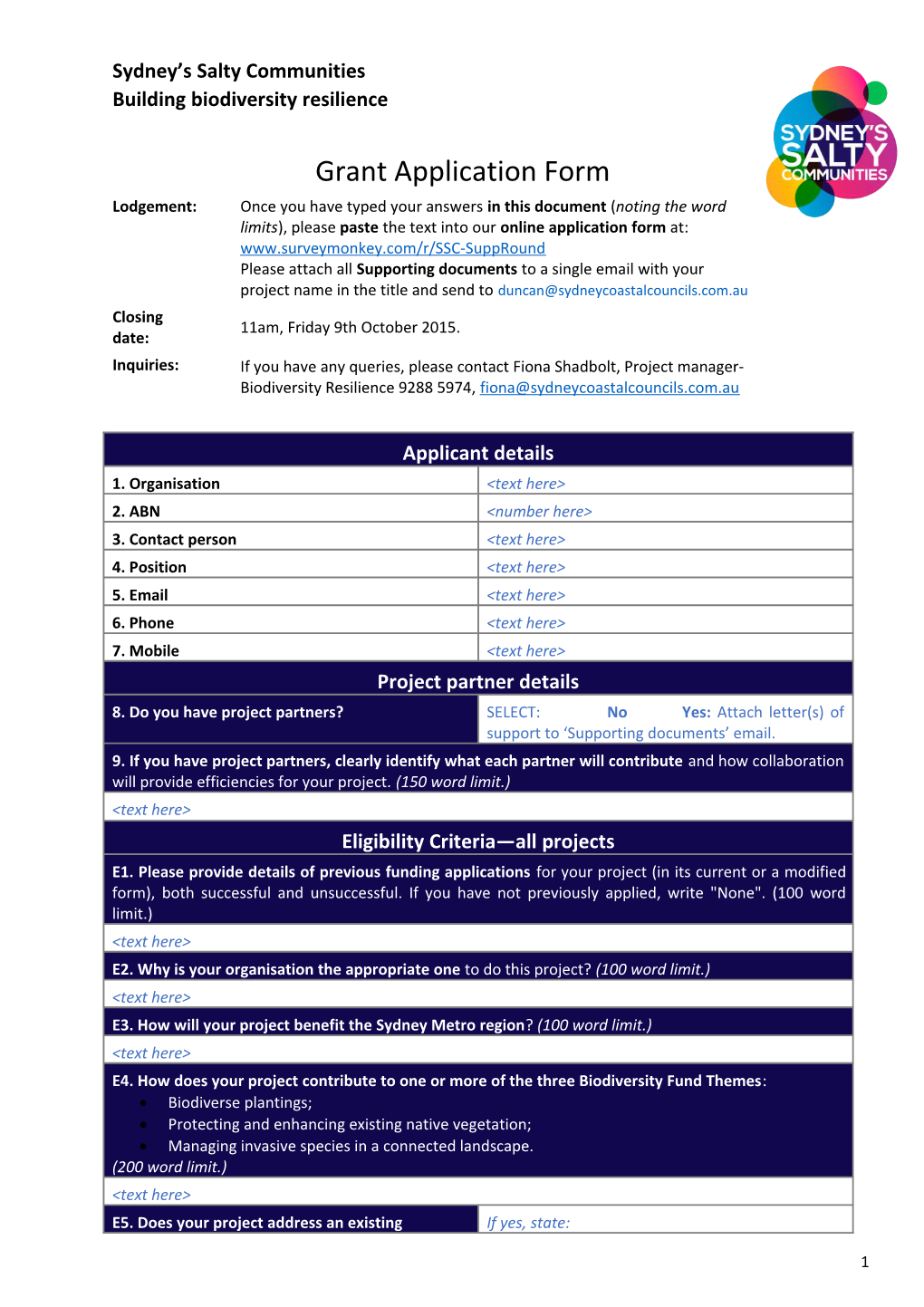 Grant Application Form Sydney S Salty Communities